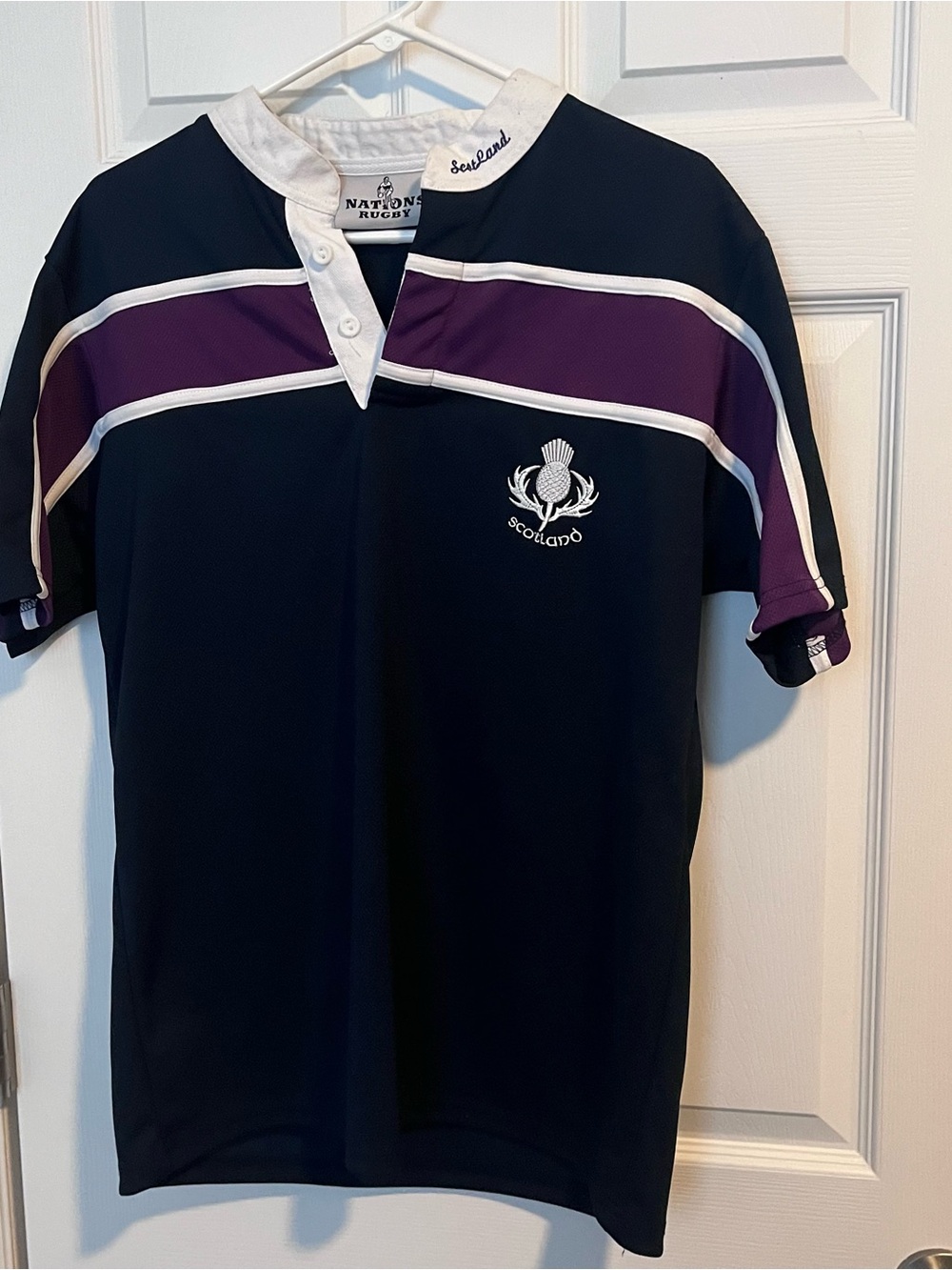 Rugby Nations Scotland Jersey Shirt Mens Large L Blue Striped Short Sleeve